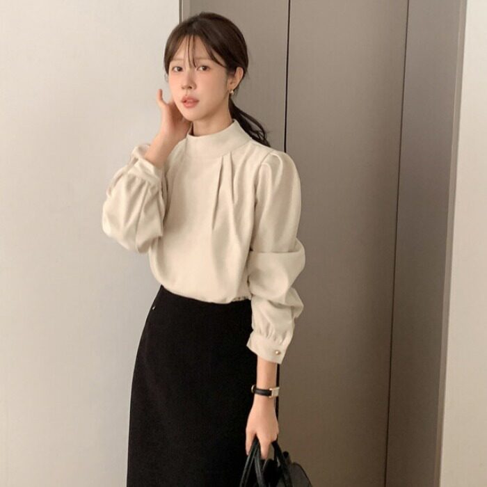 chic韩系温柔法式优雅气质立领小众皱褶设计感百搭长袖衬衫上衣