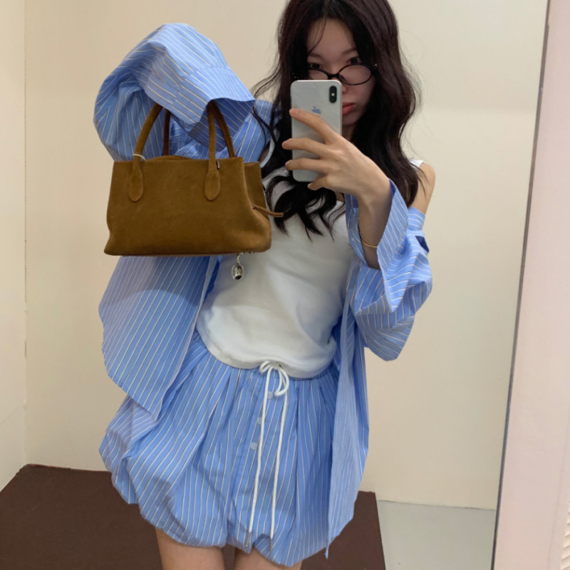 韩国chic2026春季法式条纹长袖衬衫+松紧腰半身裙裤子两件套装女