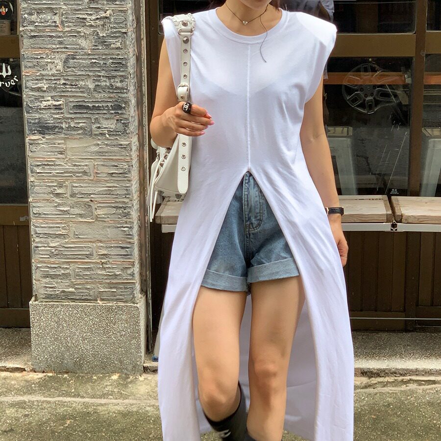 韩国chic2026夏季新品廓形无袖前开叉长款T恤裙白色显瘦连衣裙女