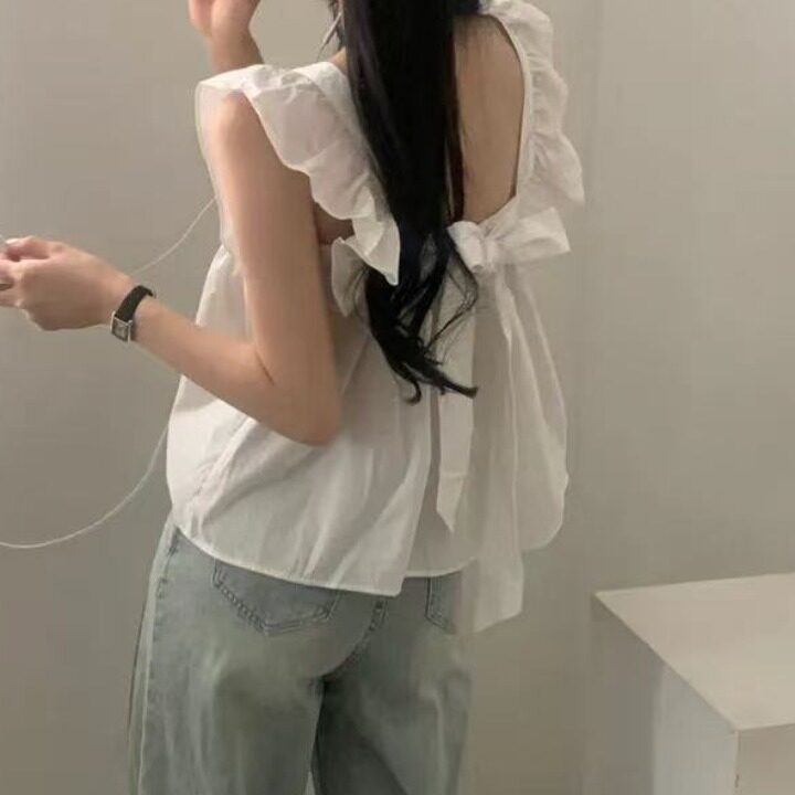韩国chic韩版可爱减龄飞飞袖后背系带蝴蝶结背心上衣2026夏季新