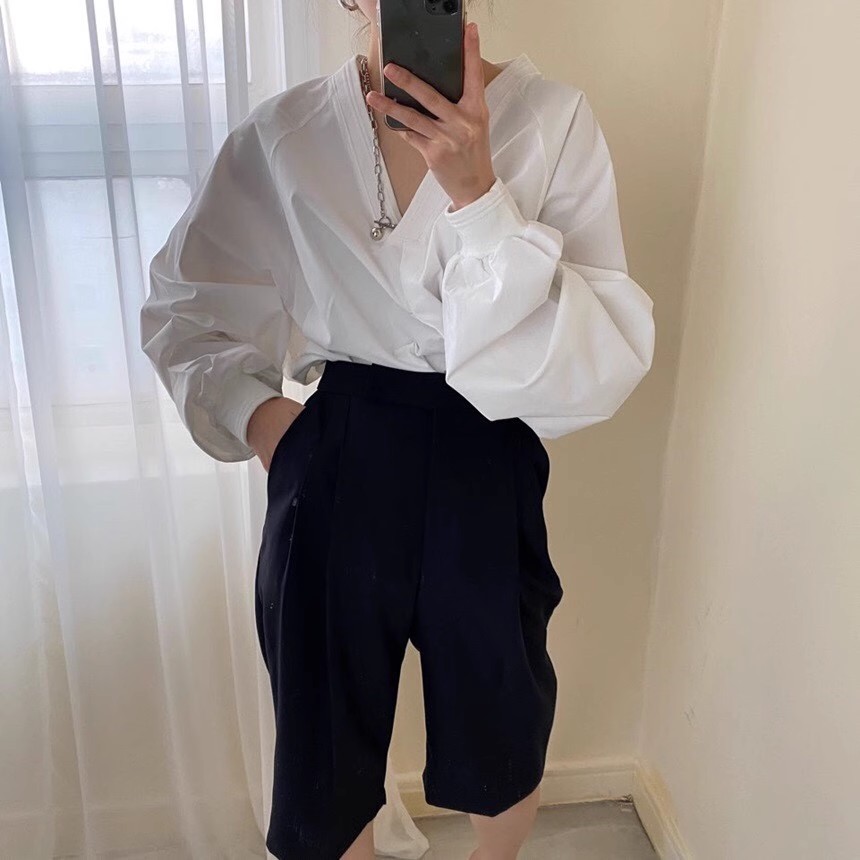 韩系chic百搭v领露锁骨宽松气质显瘦百搭长袖衬衫2026秋季新品女