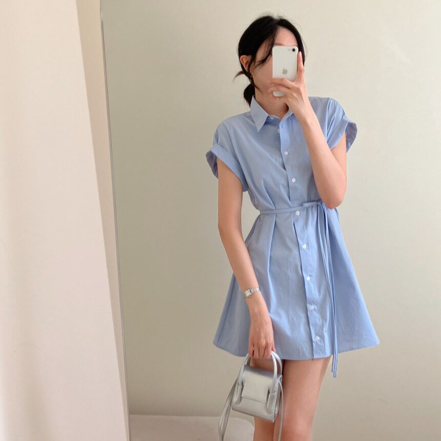 韩国chic法式简约落肩袖衬衫绑带短款连衣裙女2026夏季新品裙子