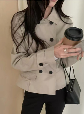 韩风双排扣翻领秋季女装长袖修身显瘦风衣短款上衣2026秋季女穿搭