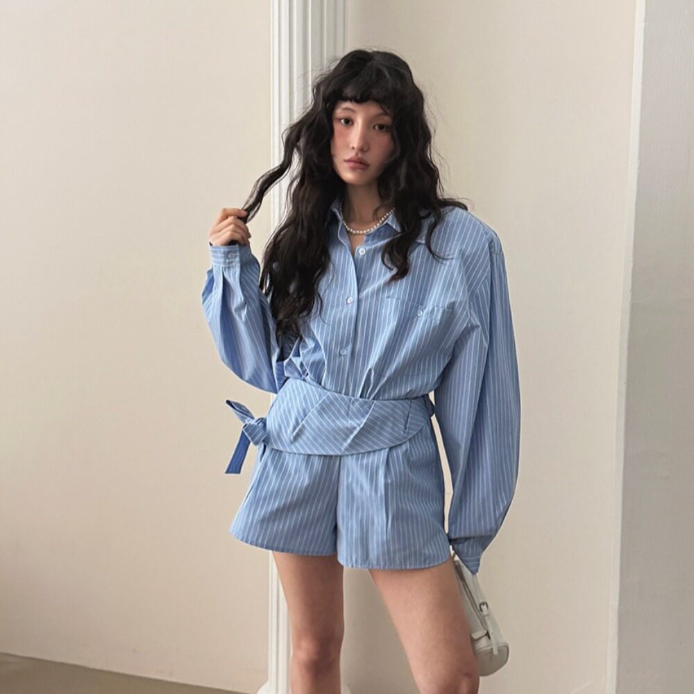 韩国东大门不规则条纹衬衫+高腰阔腿短裤休闲两件套2026秋季新品