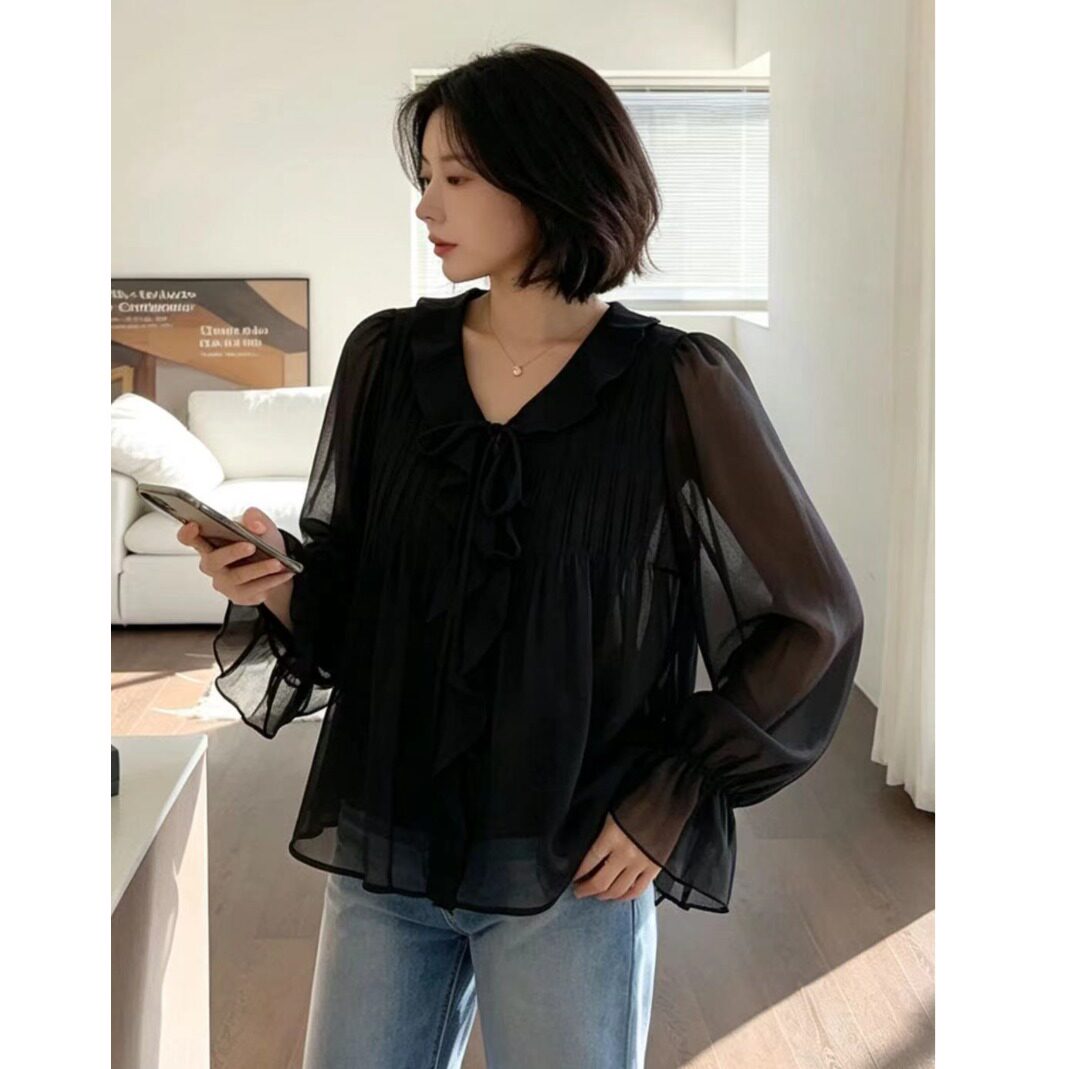 韩风chic2026甜美浪漫减龄荷叶边波浪领压褶系带微透长袖衬衫上衣