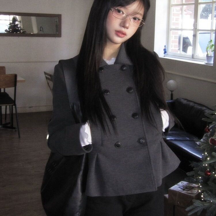 韩国ins 甜美少女 双排扣正肩收腰显瘦长袖外套2026秋季新品女