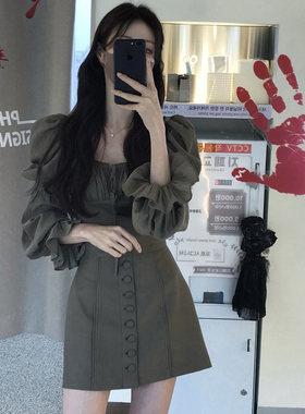 韩国chic 方领上衣收腰显瘦立体感长袖上衣女2026秋季新品裙子女