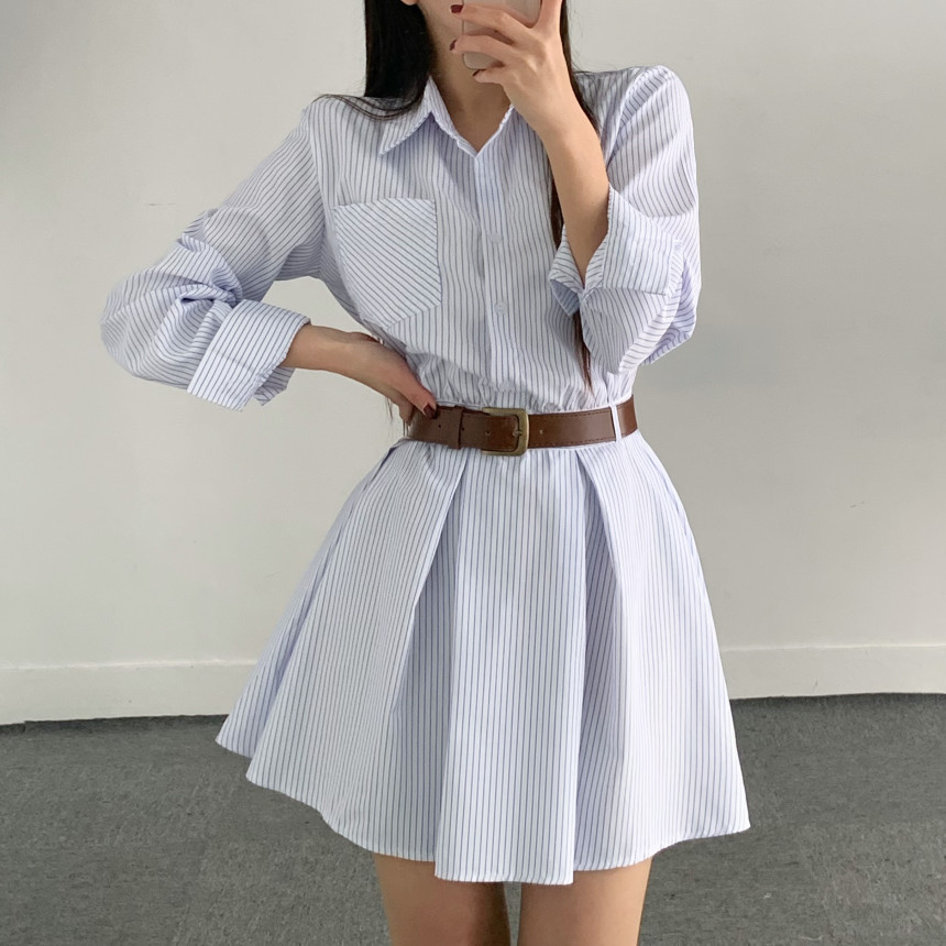 韩国chic 法式经典条纹百褶衬衣连衣裙 配腰带2026秋季新品裙子