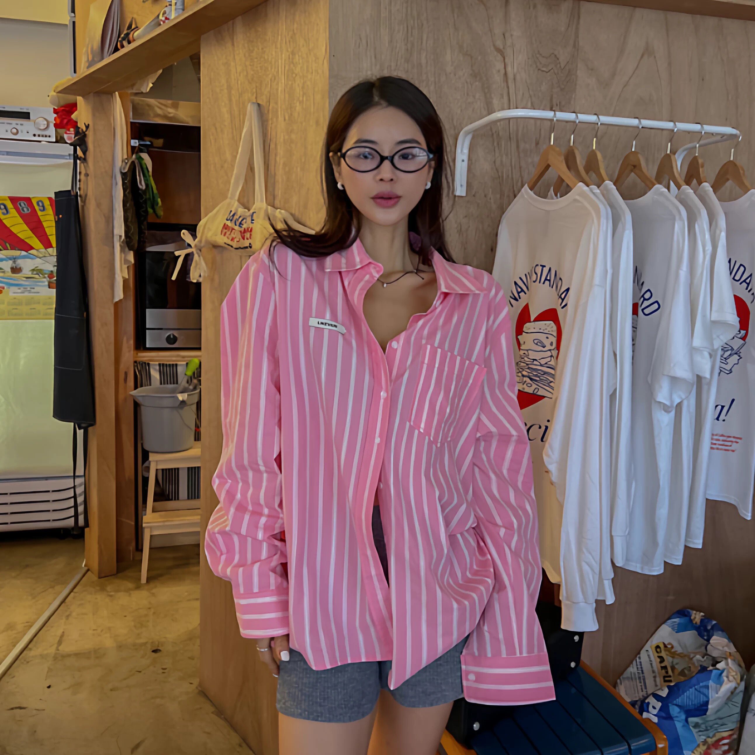 chic韩国东大门2026年春季新款清新拼色条纹休闲系扣衬衫上衣女