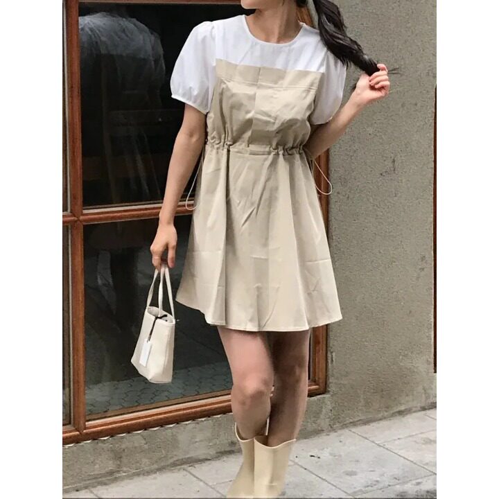 chic韩版夏季法式小众拼色假两件气质时尚收腰泡泡袖短裙连衣裙