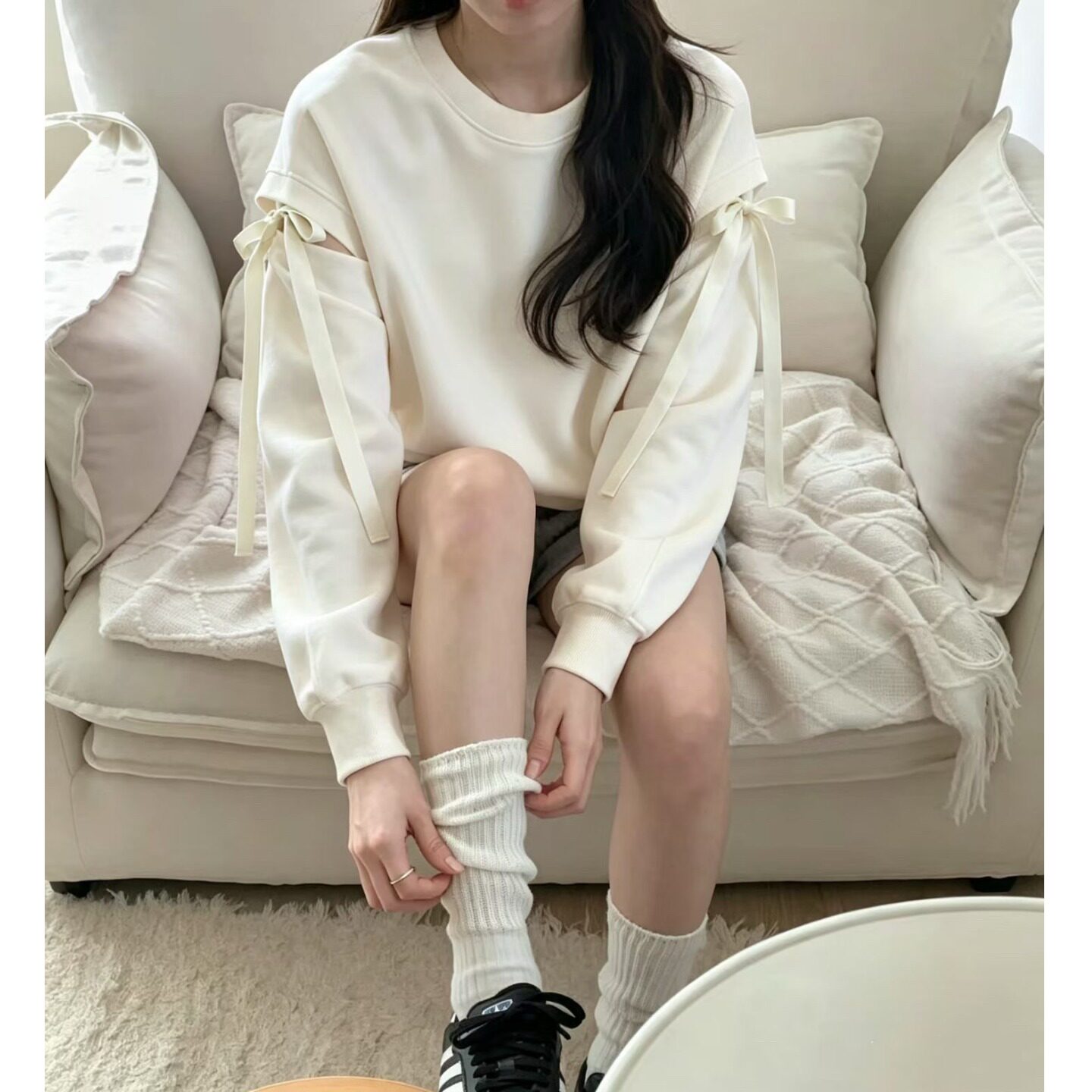 韩国东大门蝴蝶结系带可拆卸衣袖休闲百搭长袖卫衣2026秋季新品女