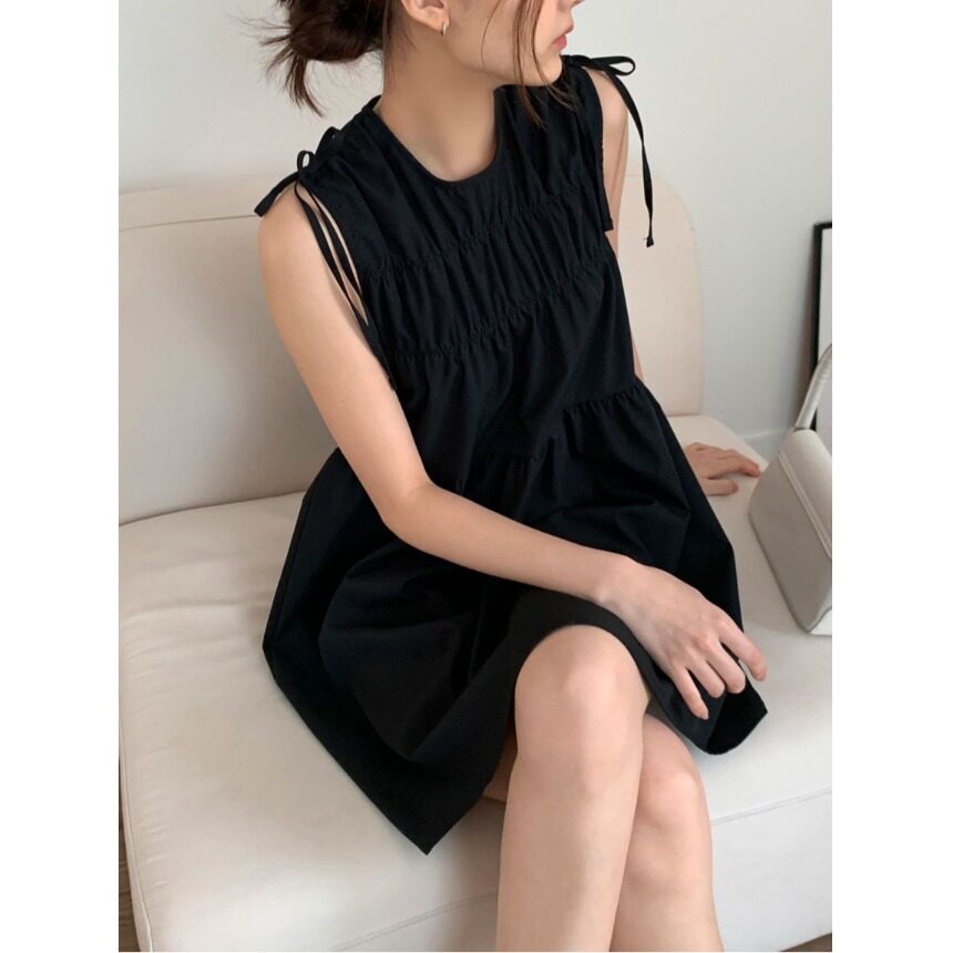 韩国chic复古褶皱感系带背心气质连衣裙2026夏季新品小个子裙子女