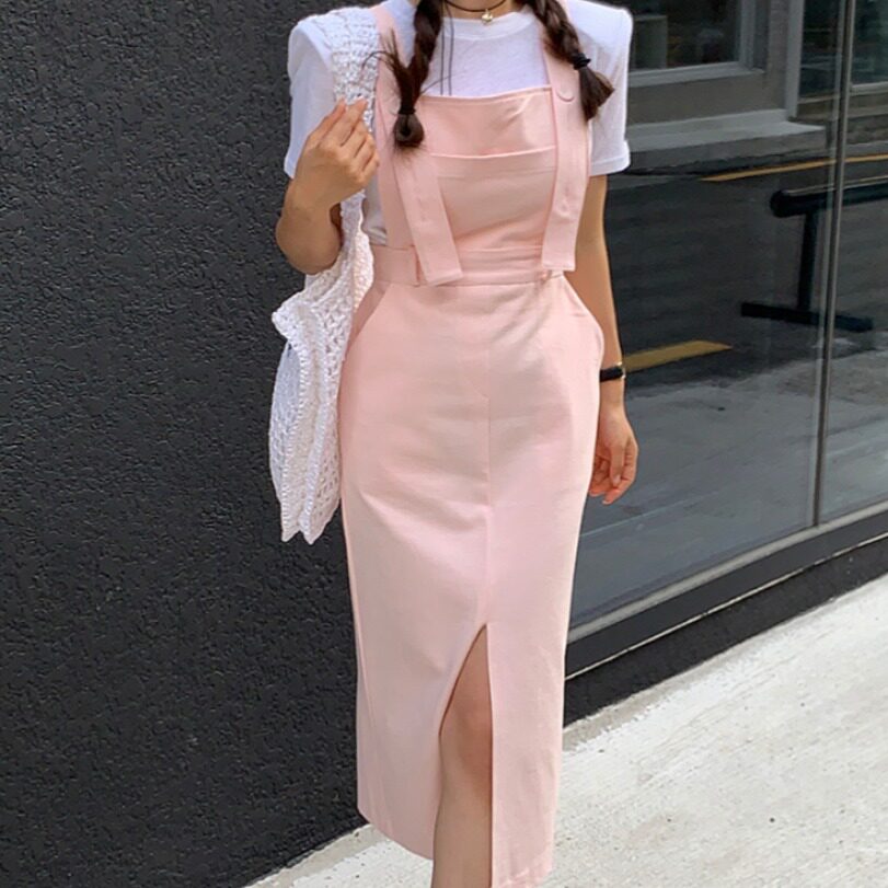 韩国chic2026夏季新品休闲百搭显瘦纯色开叉背带裤中长款裙子女