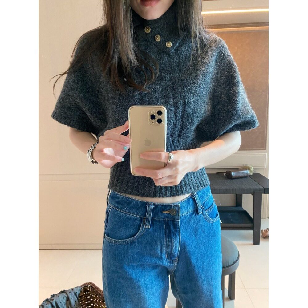 韩系翻领短袖针织毛衣女秋冬内搭慵懒风麻花中袖斗篷上衣2026秋冬