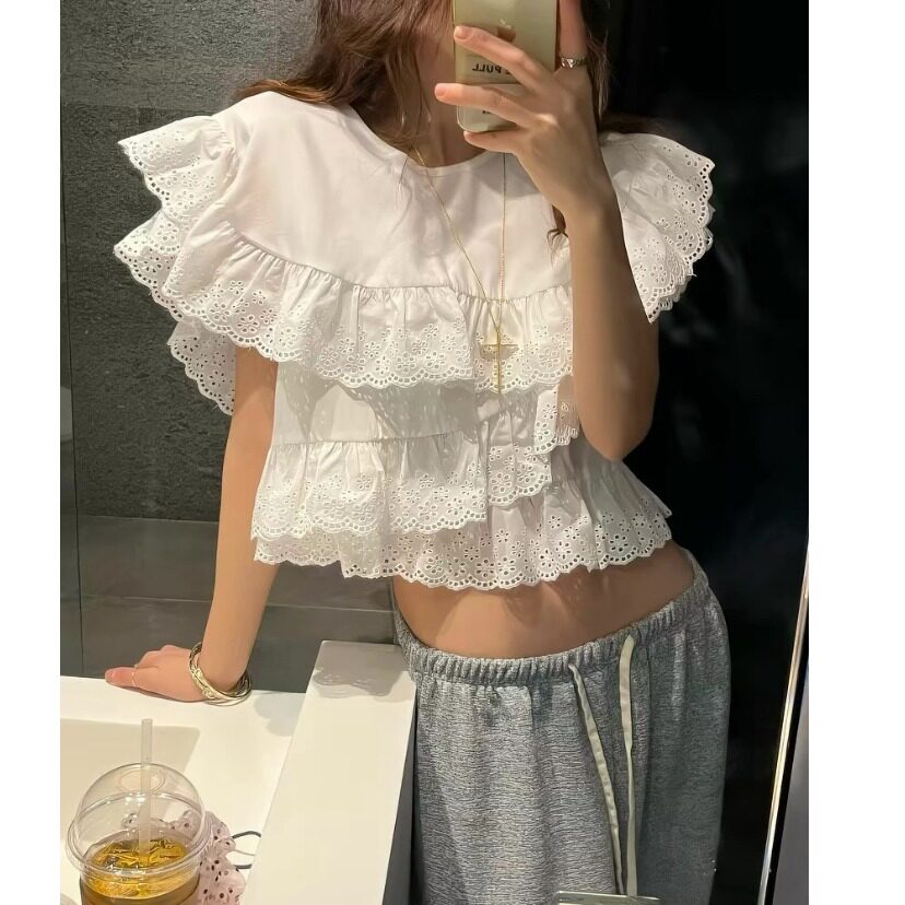 韩风chic2026夏新甜美气质花边衬衫短款不规则荷叶边衬衣上衣女
