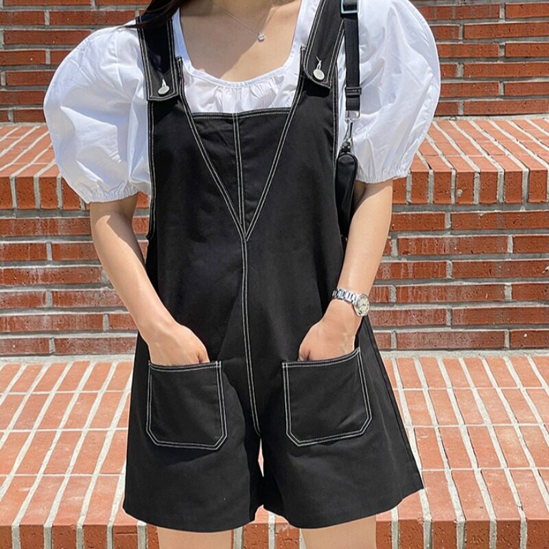韩国chic2026夏季新品时髦减龄明线设计双口袋休闲背带短裤子女