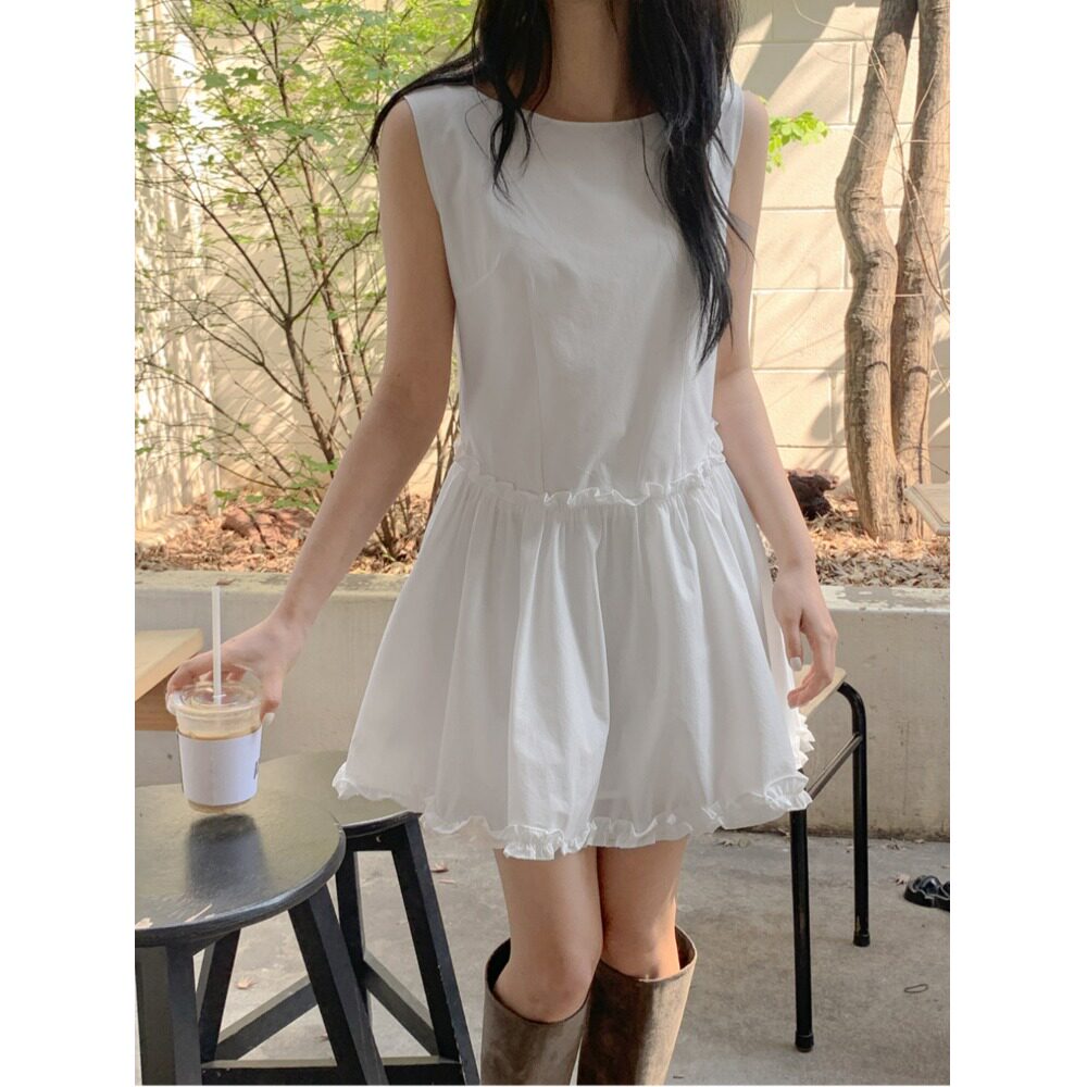 chic韩系夏季法式甜美简约木耳边休闲度假无袖背心裙短裙连衣裙