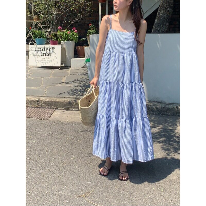 韩国chic2026夏季度假风宽松吊带条纹连衣裙显瘦中长款吊带裙子