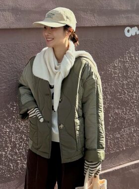 韩国ins复古撞色拼接菱格V领棉服宽松显瘦外套2026秋冬新品女开衫