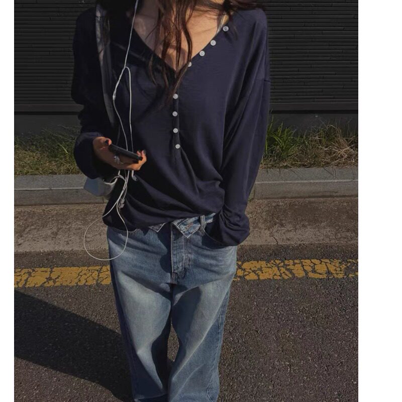 韩系宽松显瘦BF风百搭小众时尚纽扣装饰长袖T恤2026秋季新品女