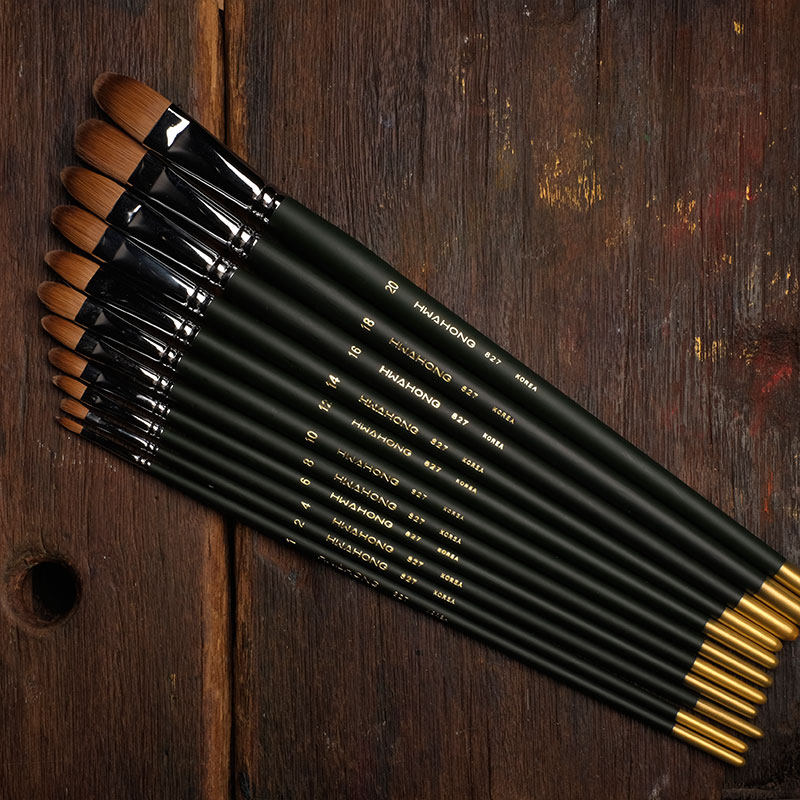 韩国进口hwahong华虹貂毛水彩笔古典油画笔半圆头尖头平头套装827