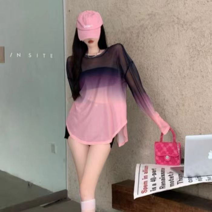 jazz上衣服装女镂空漏背绑带款冰丝渐变宽松T恤爵士舞罩衫防嗮衫