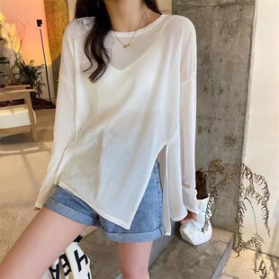 宽松薄款防嗮T恤女夏慵懒镂空微透明套头防嗮衣开叉冰丝爵士罩衫