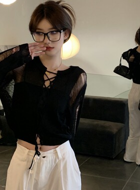 纯欲风辣妹防嗮衫长袖小众破洞防嗮T恤系带抽绳镂空针织爵士罩衫