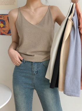 辣妹爵士舞上衣纯色V领小无袖针织背心外穿