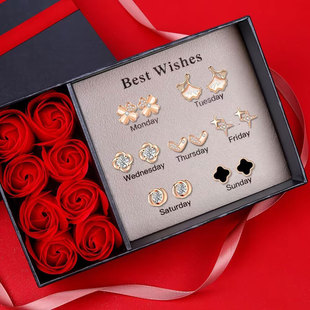 一周不重样耳钉套装女S999纯银针耳环浪漫甜美礼盒个性创意耳饰品