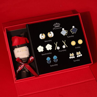 一周高级感耳钉套装S999纯银针轻奢礼盒耳环浪漫甜美耳饰生日礼物