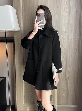 2024新款中长款黑色羊毛呢外套女