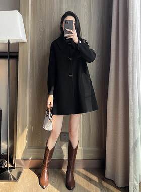 黑色牛角扣双面羊绒大衣女中长款