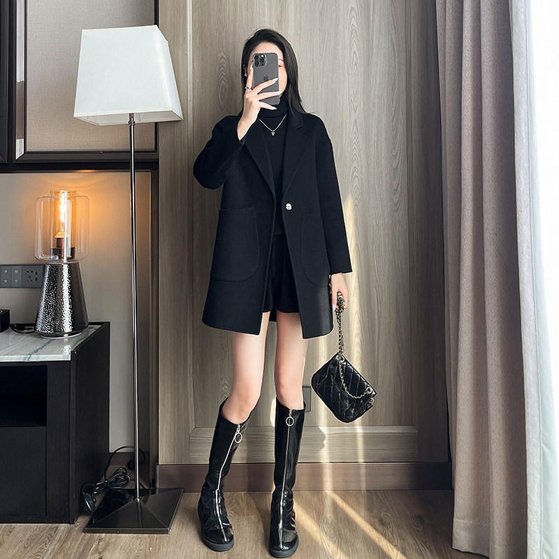小个子黑色双面羊绒呢大衣女中长款2025春秋新款修身显瘦毛呢外套