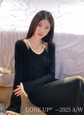 UONE-新温柔气质氛圈感女主优雅小女人连衣裙+针织开衫套装58869