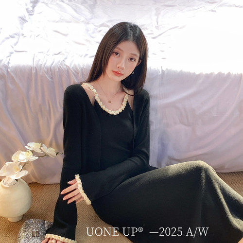 UONE-新温柔气质氛圈感女主优雅小女人连衣裙+针织开衫套装58869