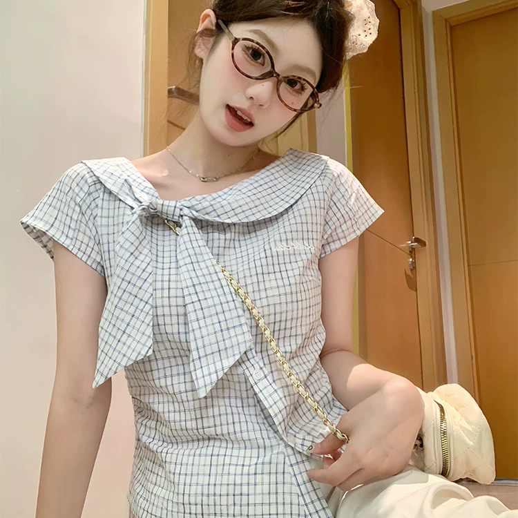 WGWE-甜美风不规则斜肩短袖衬衫夏季蝴蝶结设计感收腰衬衫W6358