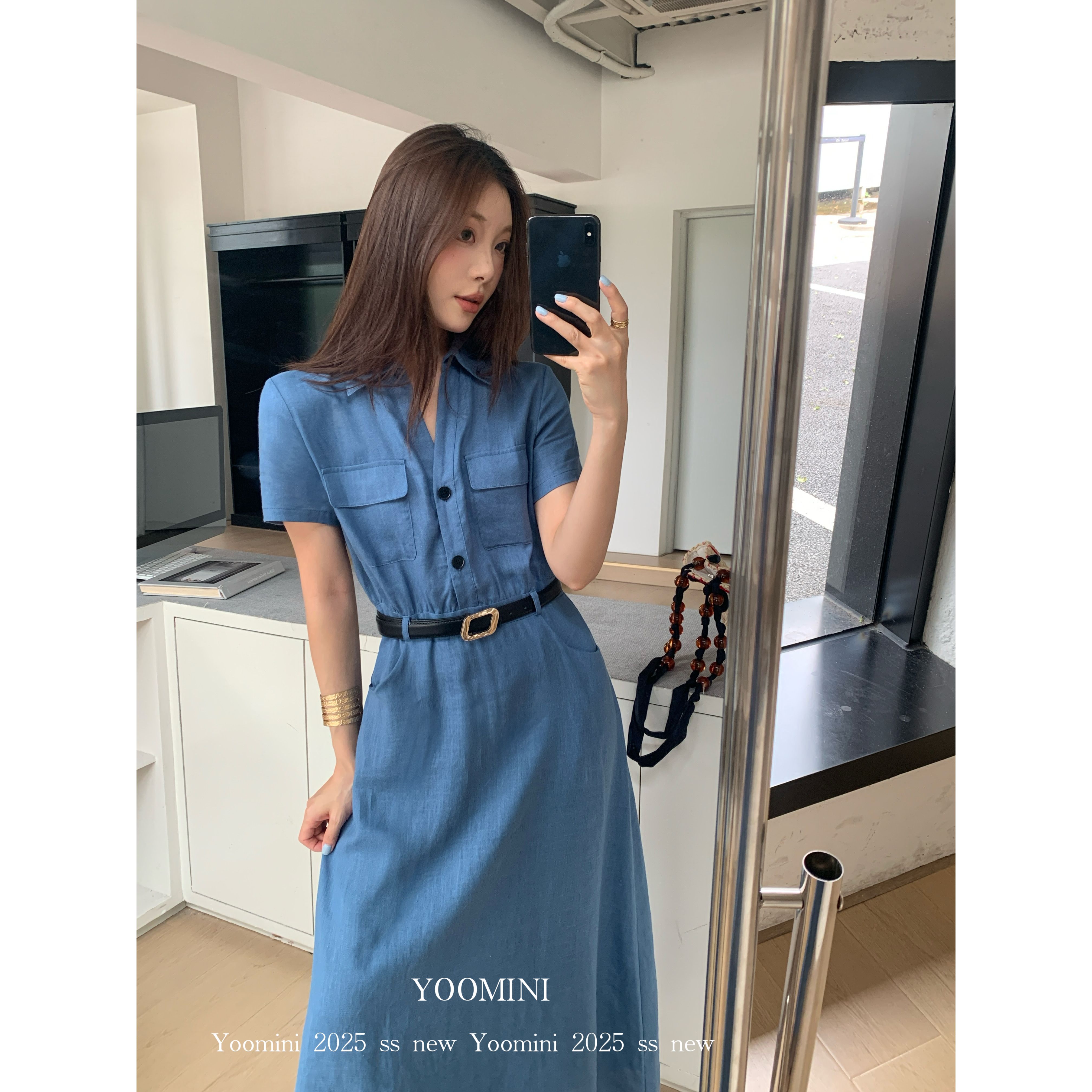 YOOMINI-H型极简通勤2025夏新款短袖长裙连衣裙(配腰带)Y10637-SY