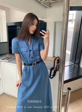 YOOMINI-H型极简通勤2025夏新款短袖长裙连衣裙(配腰带)Y10637-SY