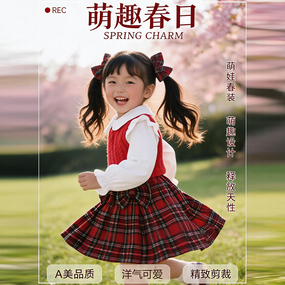2026开学季春秋新款女童套装女宝长袖背心格子短裙三件套学院风潮
