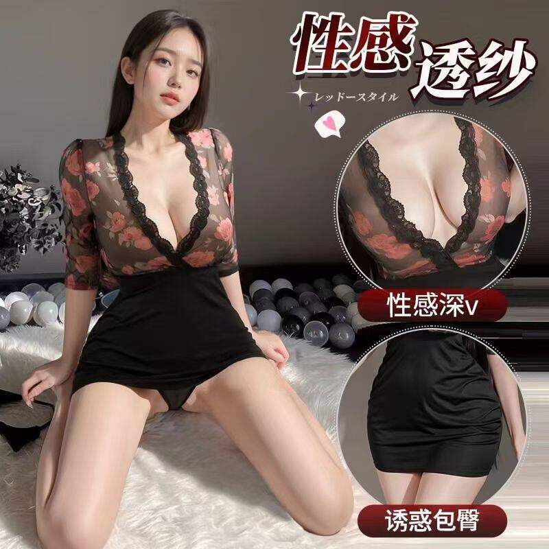 逍遥商城*晴趣私房内衣玫瑰御姐洋装性感透视网纱包臀裙秘书制服