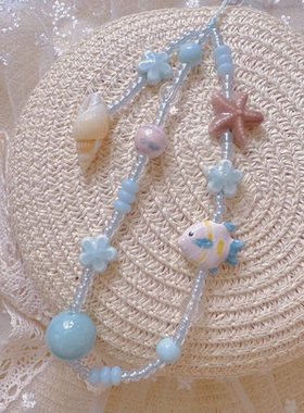 海洋蓝色手机链贝壳海星小鱼夏天手工手机挂绳陶瓷挂件原创不撞款