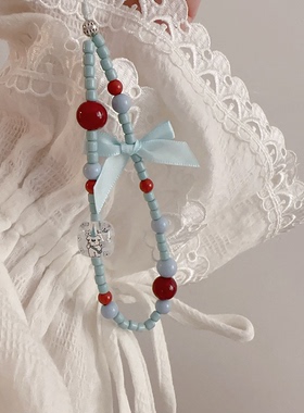 蓝色手机链手机壳挂绳简约小众蝴蝶结包包挂件挂饰原创手工复古女