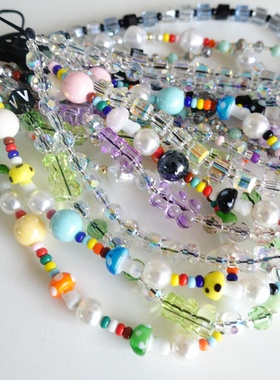 手机链手工串珠彩色水晶等混色挂链短款首饰防丢手腕链子 手提ins