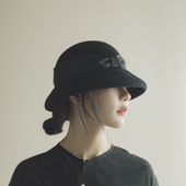 MING 澳洲110支绵羊毛内卷宽檐圆顶蝴蝶结百搭盆帽 三点 车站