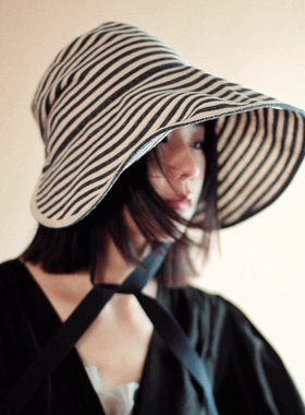 MING 时光菲林 l 超细亚麻线条纹大檐波奈特文艺复古折叠防晒盆帽