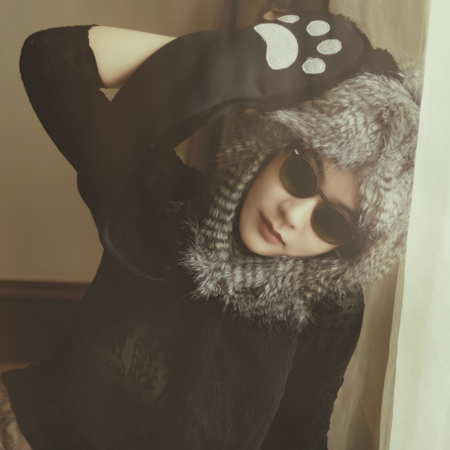 帽子围巾手套一体冬保暖毛绒帽兜