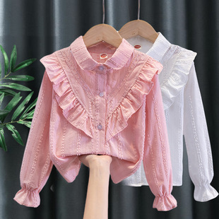 春秋装 薄款 新款 衬衣女孩打底衫 洋气 儿童洋气花边长袖 女童纯棉衬衫
