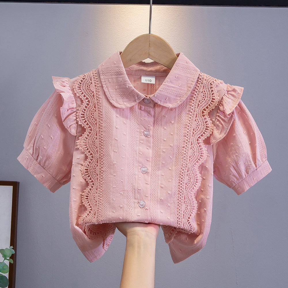 女童新款衬衣短袖2026夏季甜美韩版上衣服洋气泡泡袖儿童纯棉衬衫