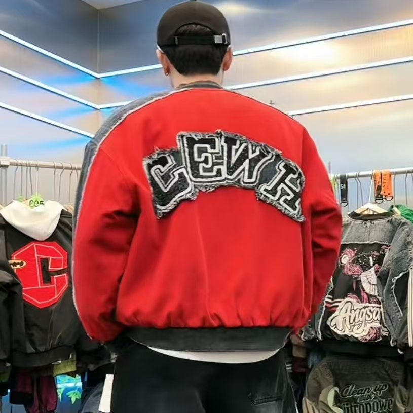 秋冬拼接牛仔短宽版棉服外套